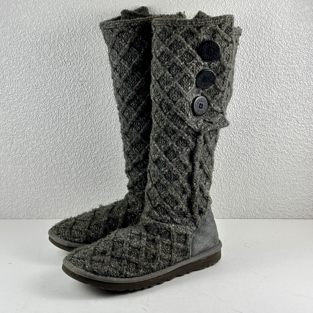 UGG‎ Lattice Cardy Boots Womens 6 Grey Knit Tall Button 3066 Cozy Winter Boho